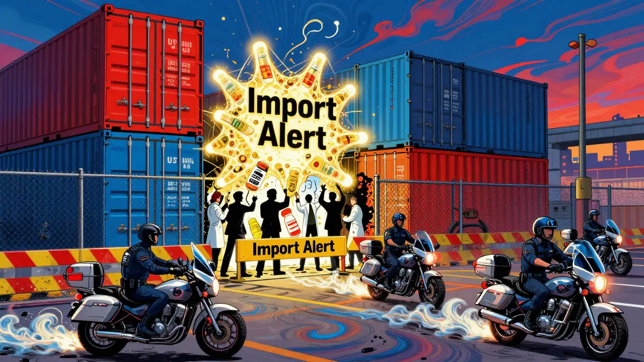 Shipping containers blocked by a glowing import alert barrier as smugglers try to sneak fake supplements past FDA agents.