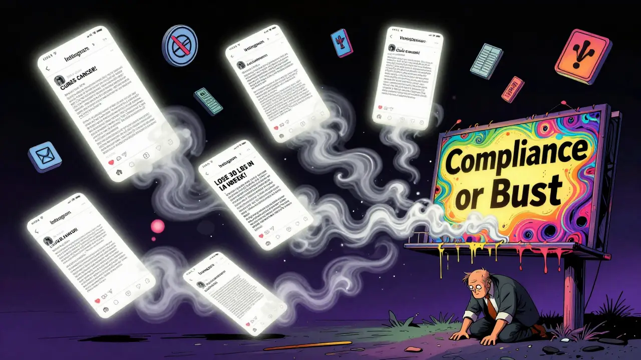 Social media posts dissolving into FDA warning letters as a manufacturer stands under a collapsing compliance billboard.