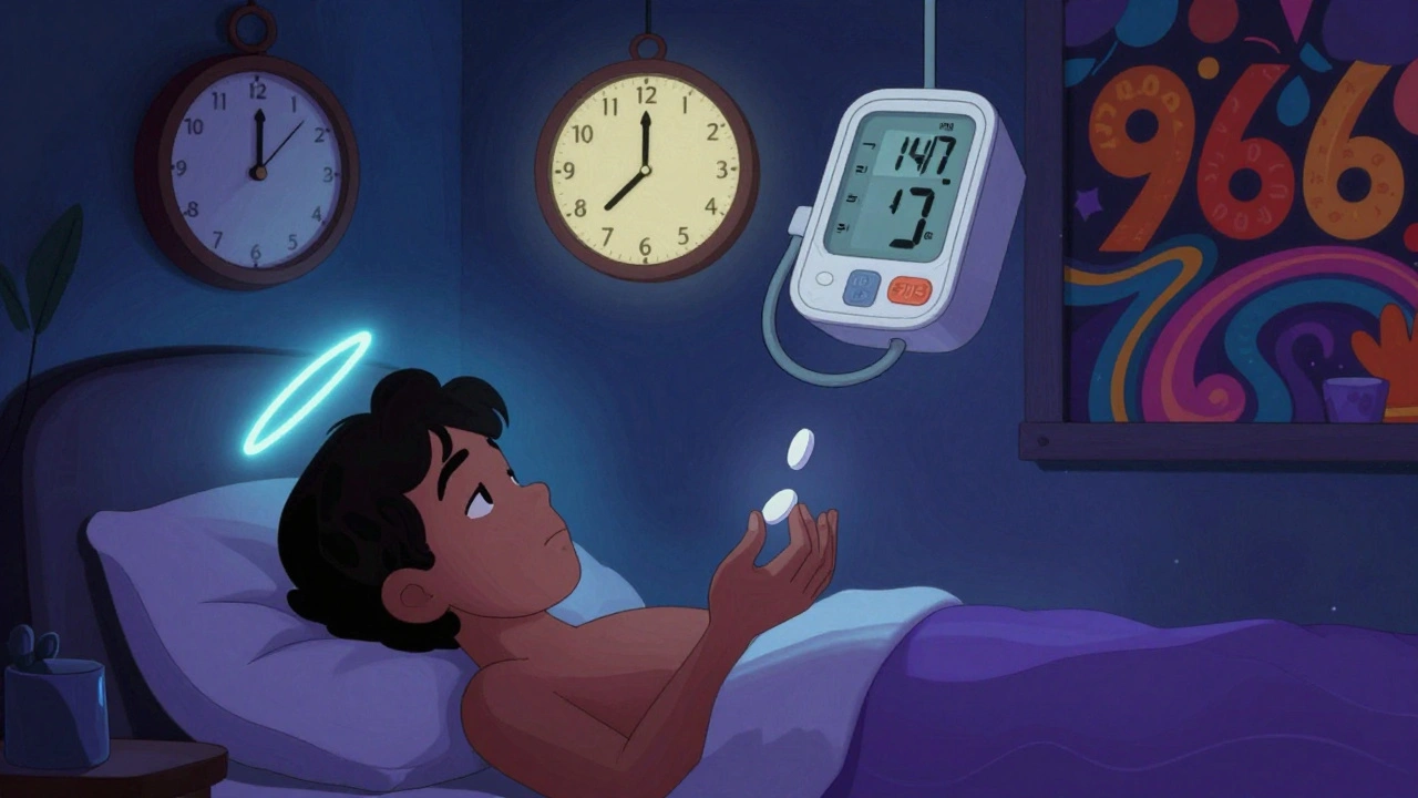 Someone peacefully taking a blood pressure pill at night under moonlight, with calm blue and purple waves.