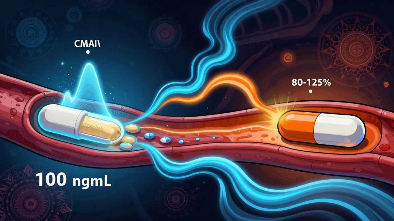 Split illustration comparing brand and generic pill absorption with matching curves in vibrant colors.