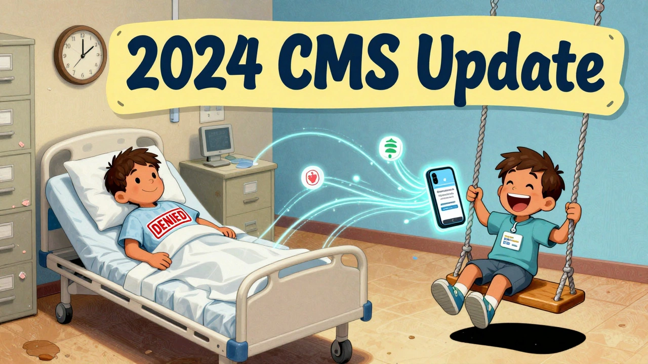 Split scene: a denied child in a hospital vs. a happy child enrolled automatically through digital systems, with &#039;2024 CMS Update&#039; banner.