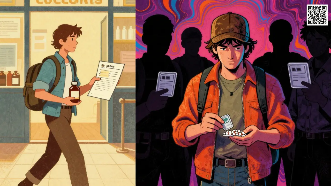 Split scene: calm traveler with meds vs. detained traveler with pill organizer, psychedelic style.