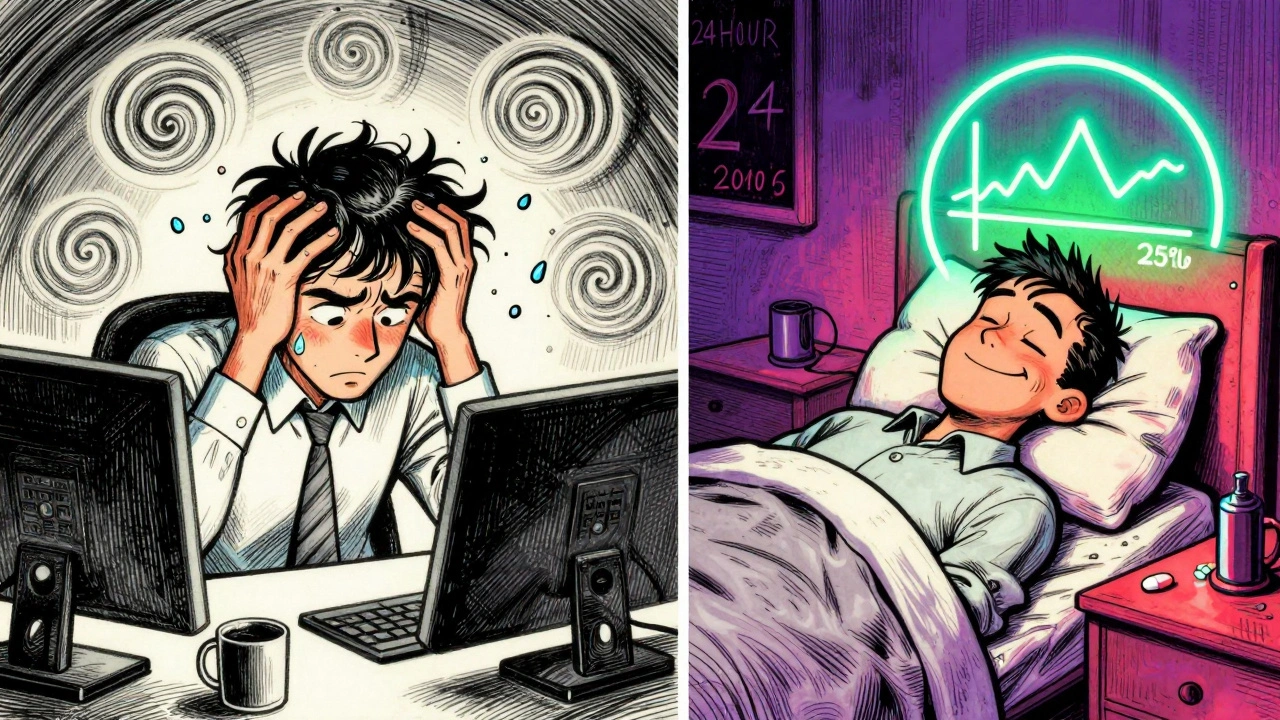 Split scene: one side shows dizziness at work, the other shows peaceful sleep with a pill on the nightstand.