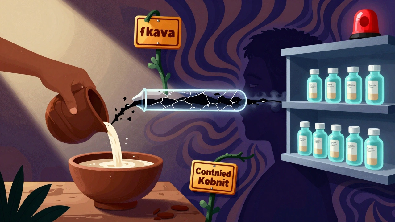 Split scene: traditional kava preparation vs. commercial supplements with a warning siren and smoke trail.