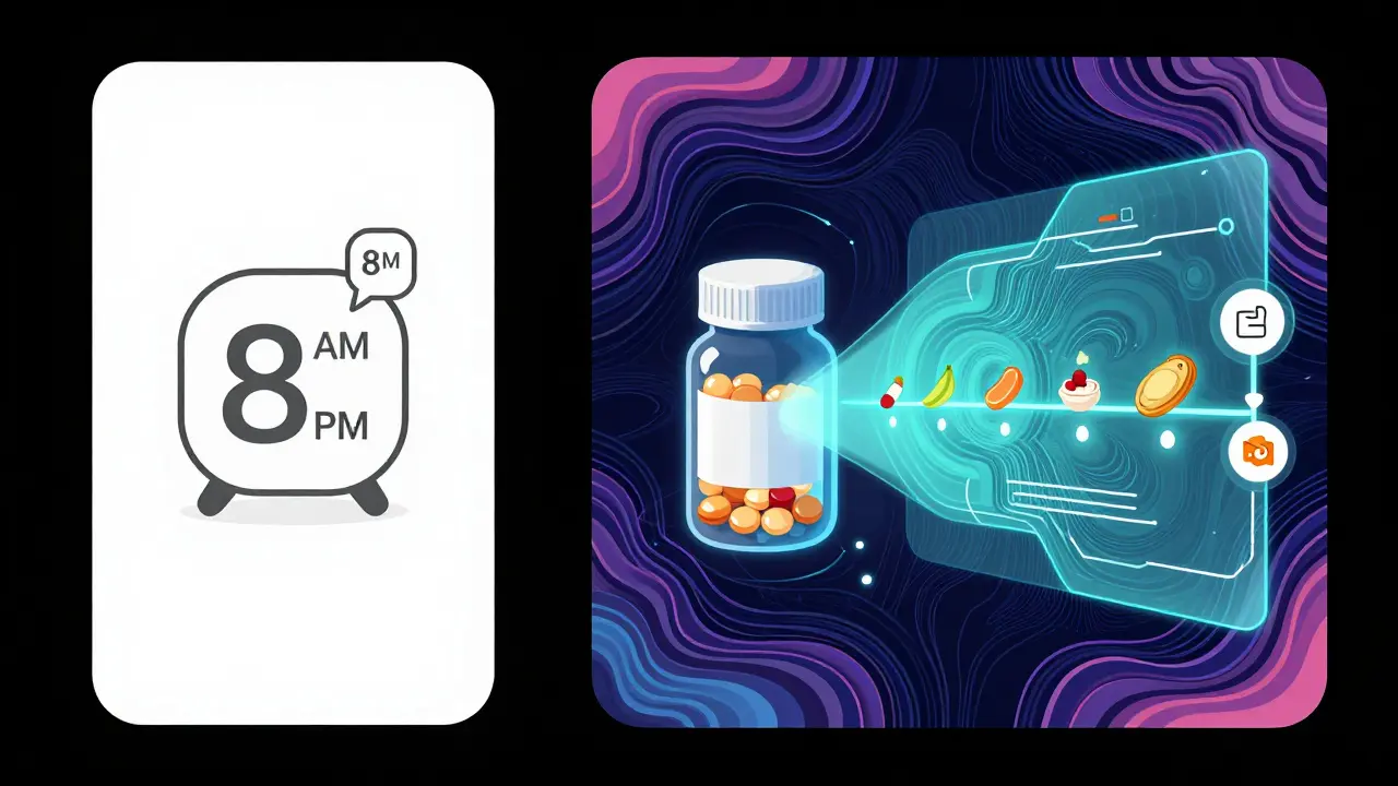 Split-screen: basic alarm app vs. AI medication app scanning a bottle with interactive timeline.