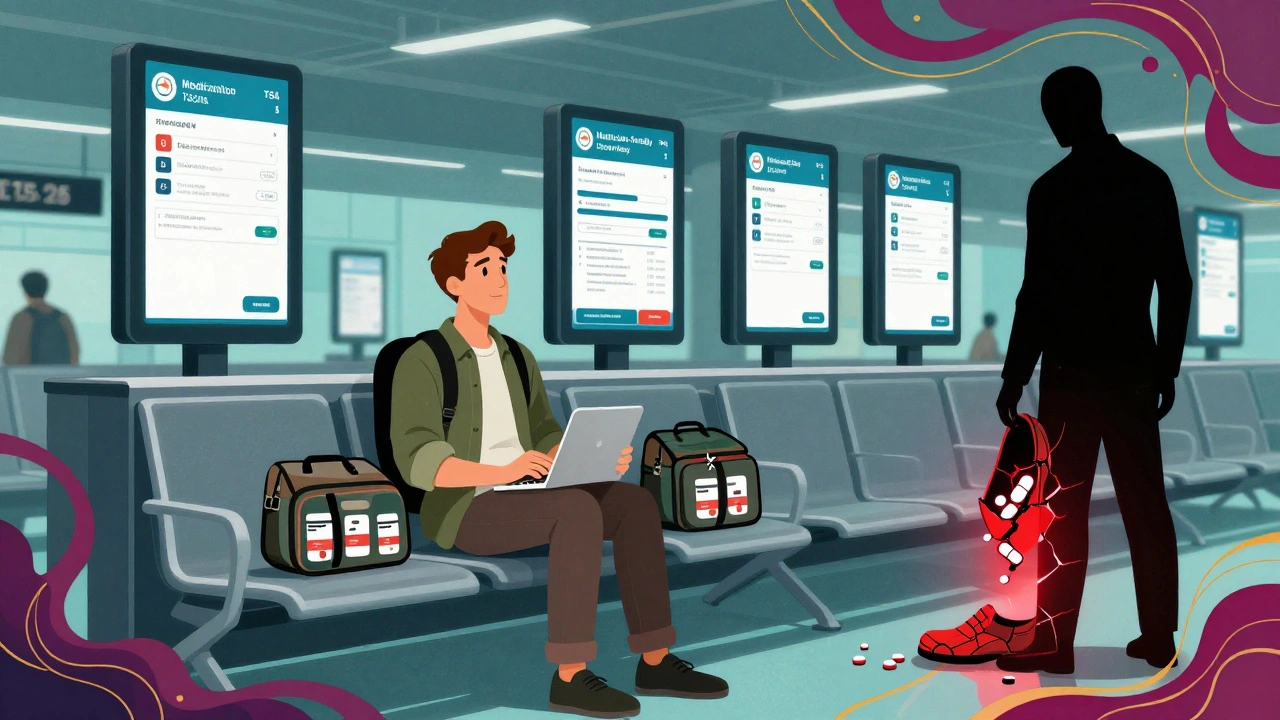 Traveler in medication-friendly TSA lane with digital screens, two carry-on bags, and a shadowy figure hiding pills.