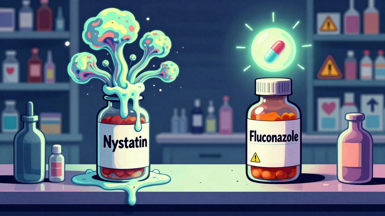 Two antifungal medication bottles floating with abstract fungal and warning symbols in vibrant colors