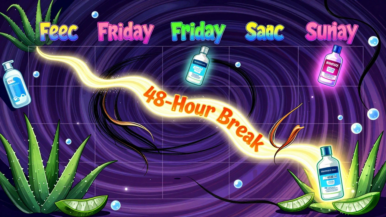 Weekly calendar showing 48-hour break between minoxidil and hair color