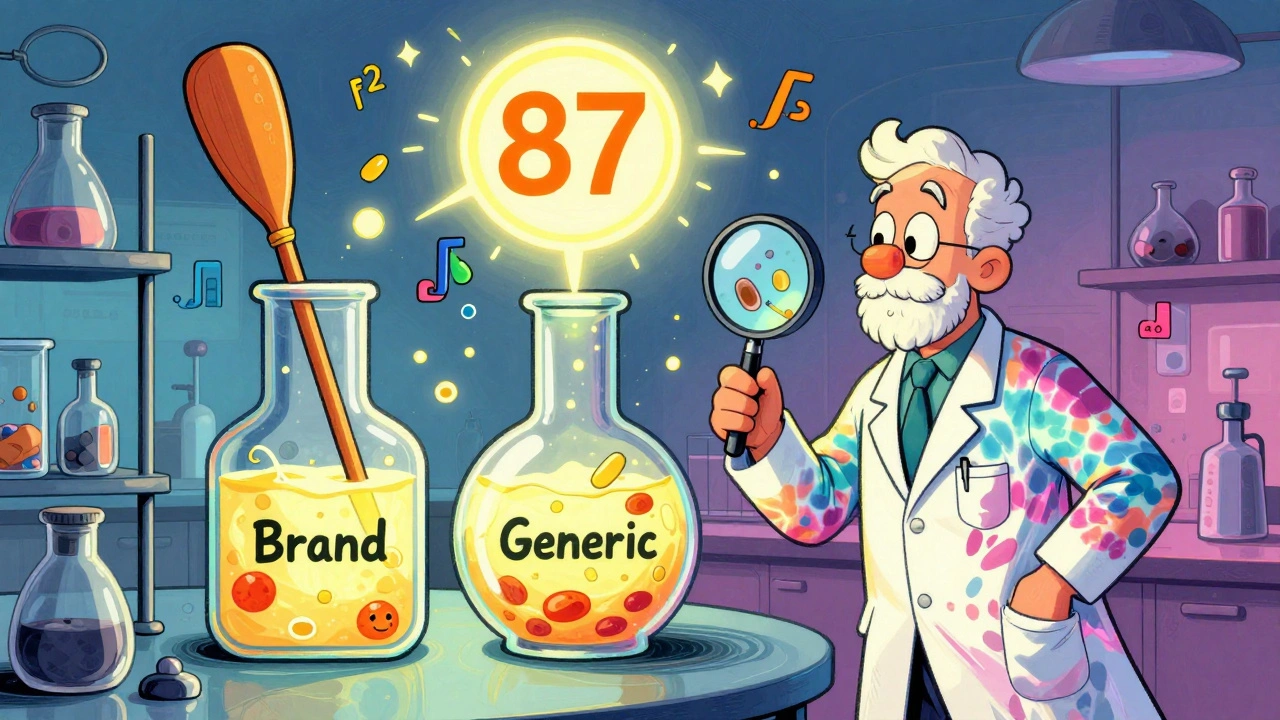 Whimsical lab with paddles stirring glowing beakers and a floating f2 score above matching drug curves.