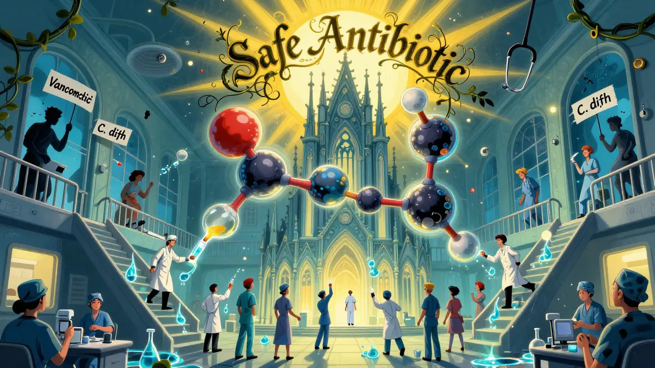 A giant penicillin molecule as a cathedral, with medical staff passing doses up light-staircases while outdated antibiotics crumble.