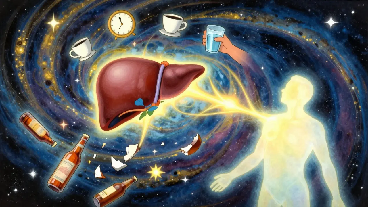 A glowing new liver floating in space with sobriety symbols, broken bottles turning to stars.