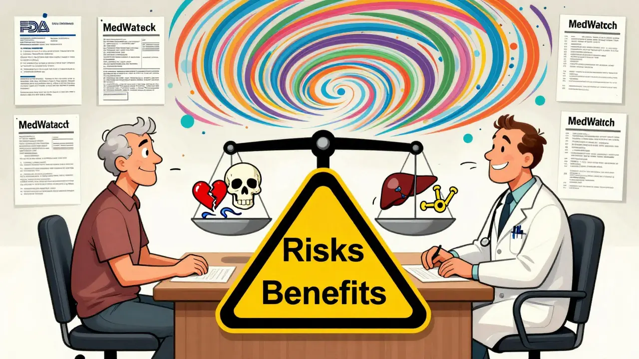 A patient and doctor weigh risks against benefits on a warning-sign-shaped table.