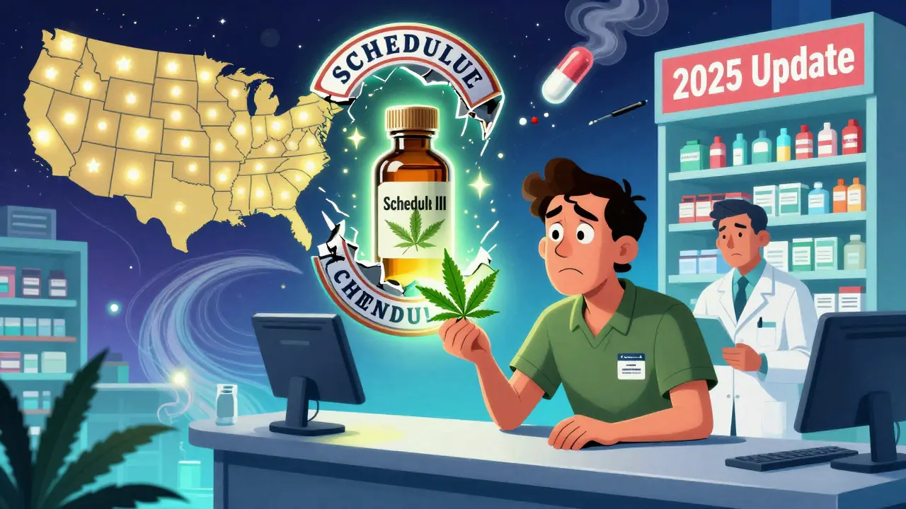 A patient at a pharmacy with cannabis labeled Schedule I, while a Schedule III version glows behind them.
