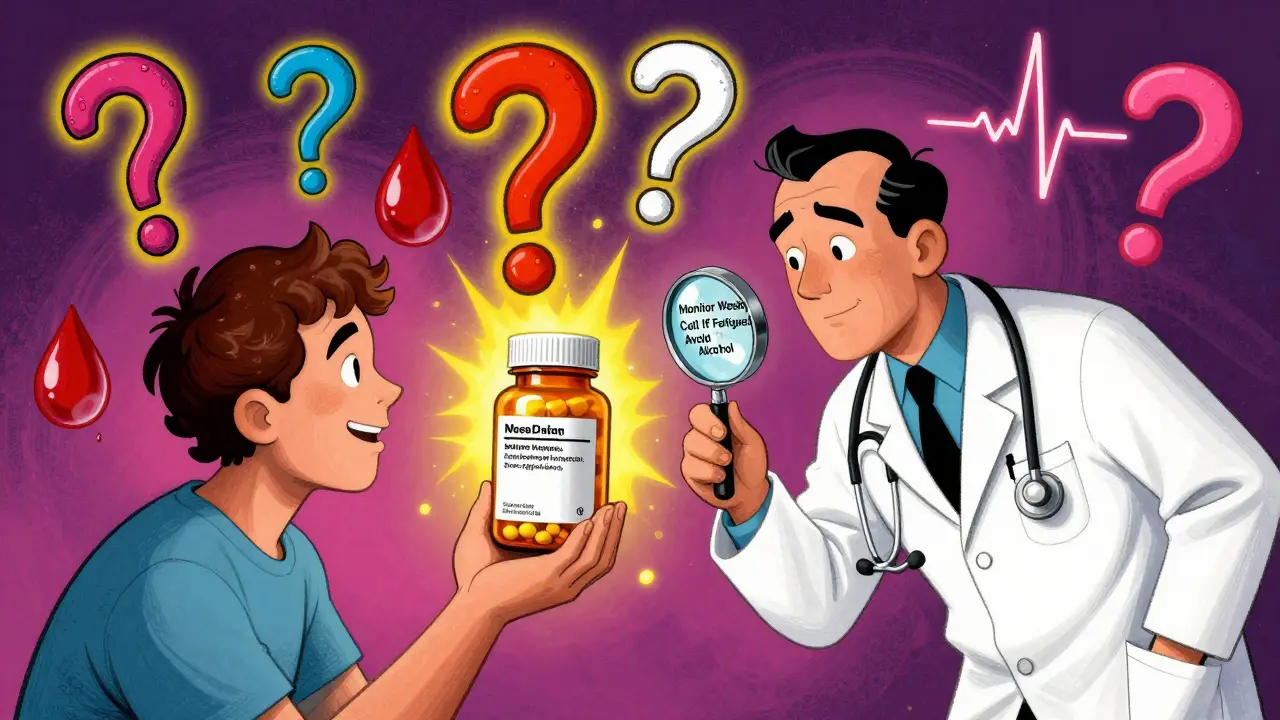 A patient holds a pill bottle as floating medical warnings swirl around them in vibrant colors.