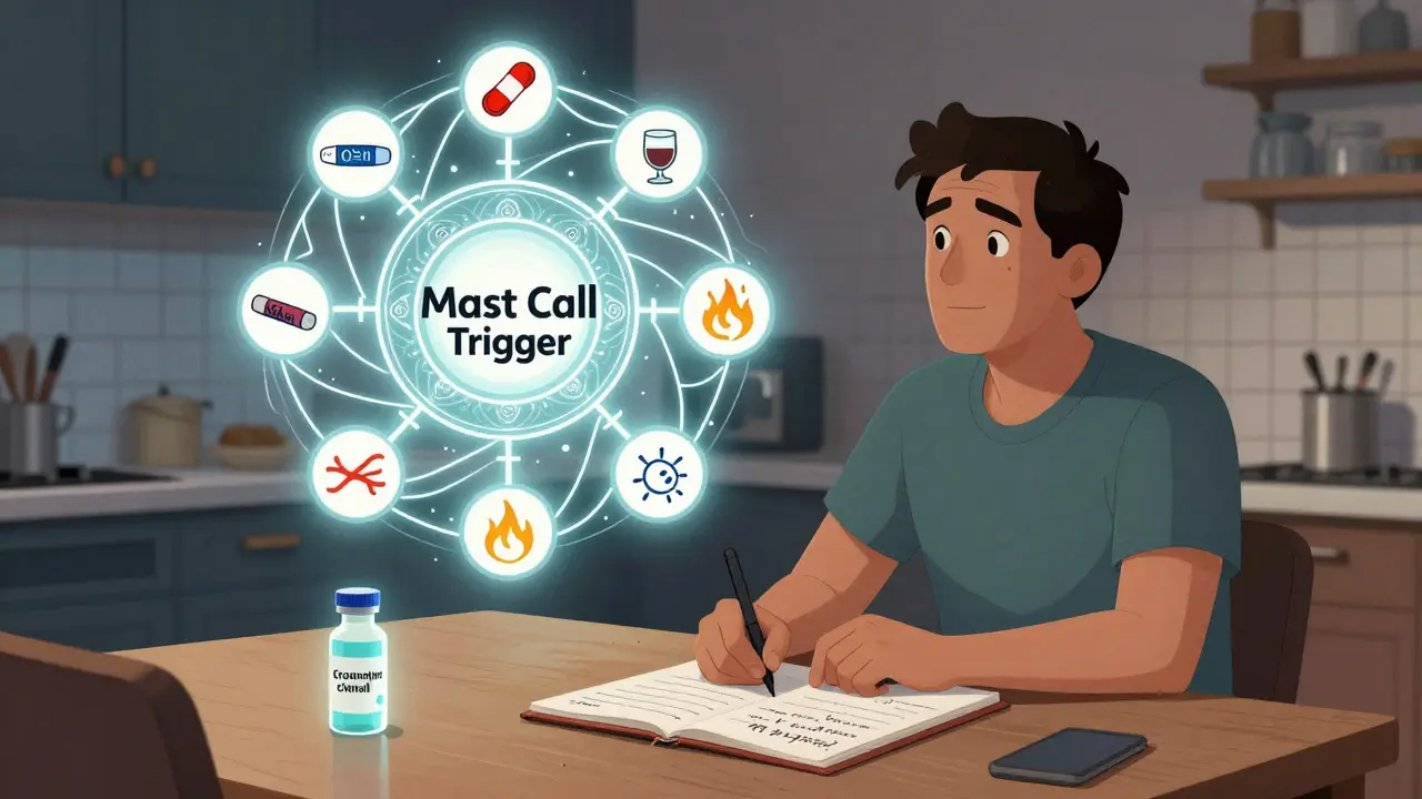 A patient with a glowing mast cell trigger wheel and cromolyn vial at a kitchen table.