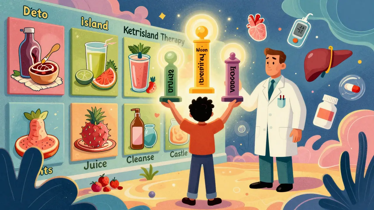 A person facing failed diets while supported by three medical pillars in vibrant psychedelic illustration style.
