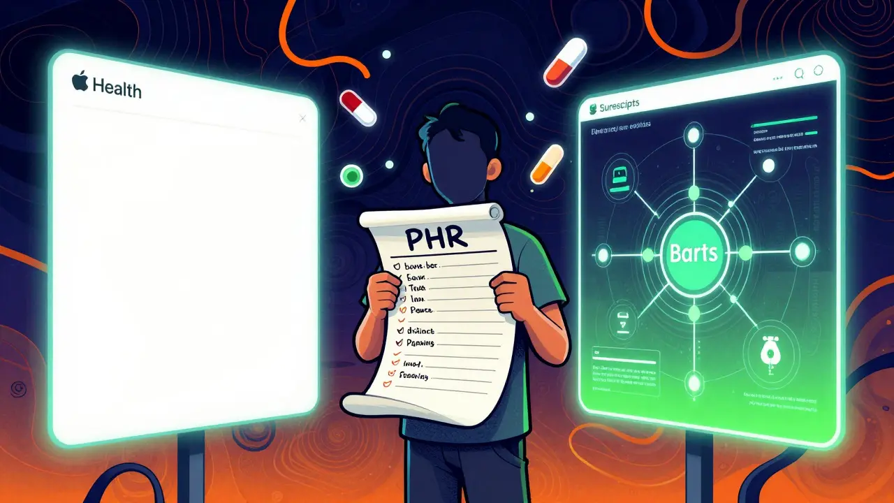 A person holds a handwritten medication list between glowing PHR interfaces, with floating AI icons and psychedelic patterns.