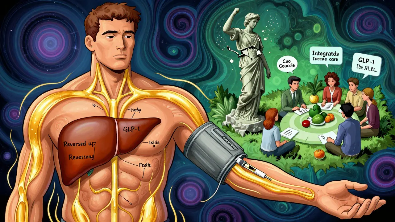 A person receiving weight-loss medication as healing energy flows through their body, with crumbling willpower symbolism in retro psychedelic art.