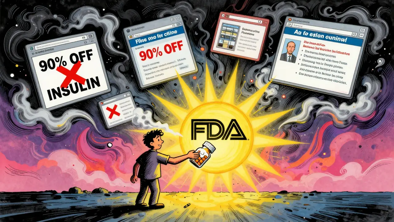A person verifying medication under an FDA logo, while fake online pharmacies dissolve into chaos behind them.