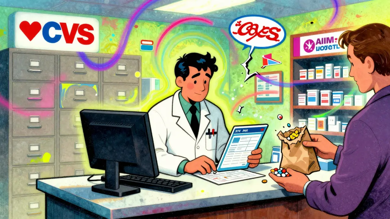 A pharmacist manually enters OTC meds into a PHR system as pills spill from a paper bag, surrounded by broken pharmacy logos.