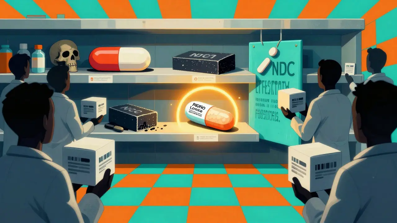 A pharmacy shelf with dangerous fake pills morphing into warning symbols, one genuine pill glowing safely.