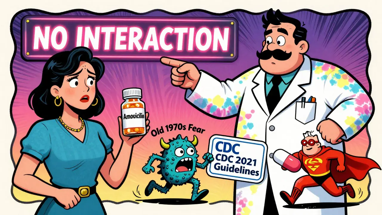 A woman holds amoxicillin as a pharmacist points to 'NO INTERACTION' while a fear monster flees in retro psychedelic style.