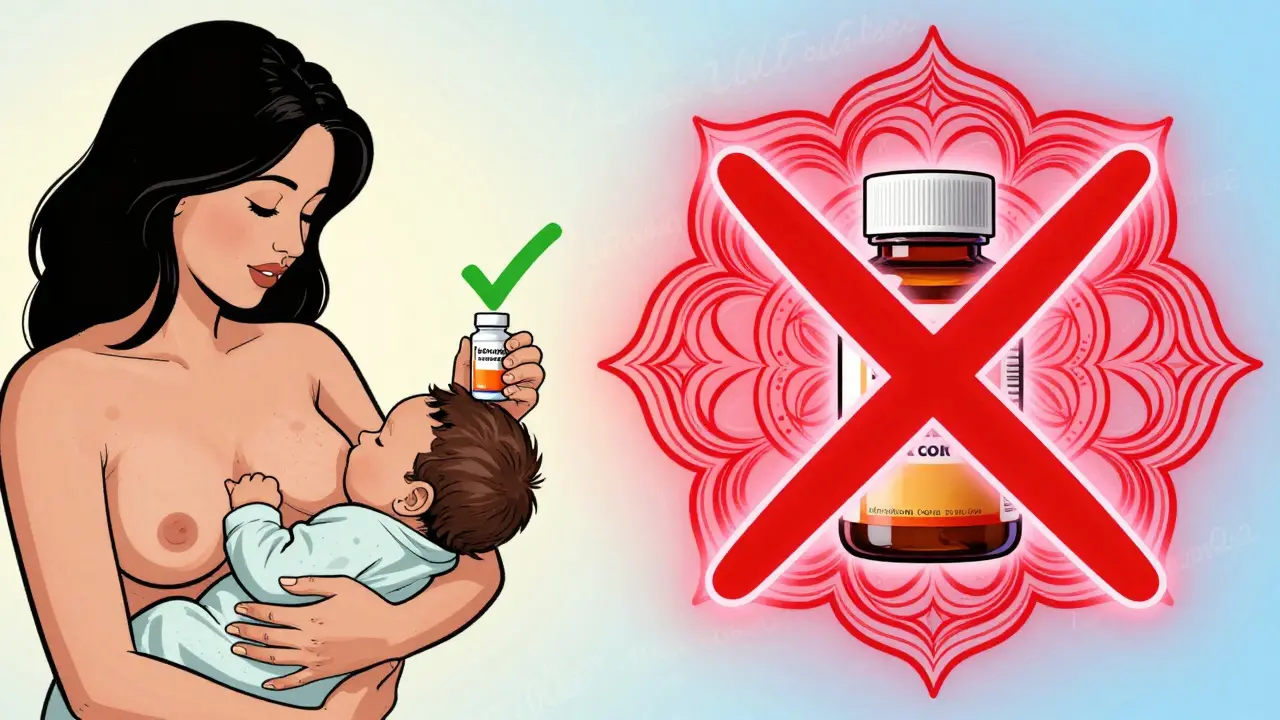 Breastfeeding woman with safe and unsafe supplements shown as checkmarks and red Xs in vibrant illustration.