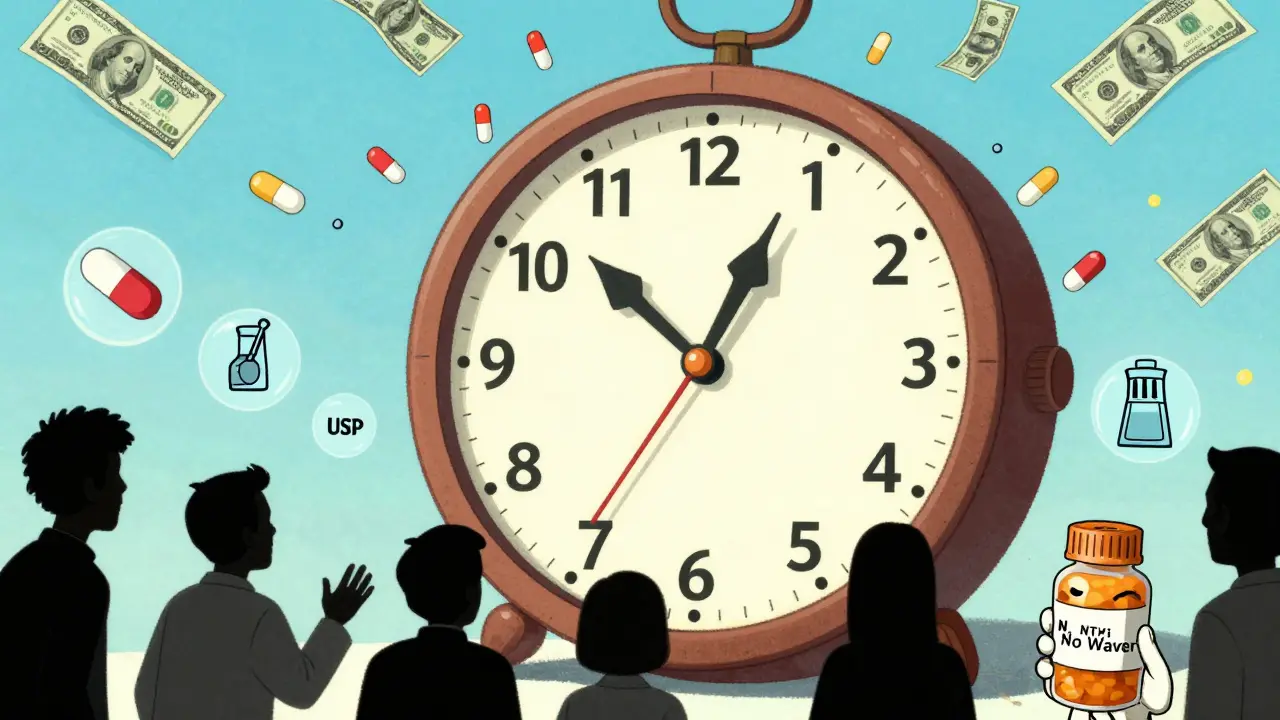 Clock with dissolution curves as hands, raining pills and money, with NTI drug in corner.