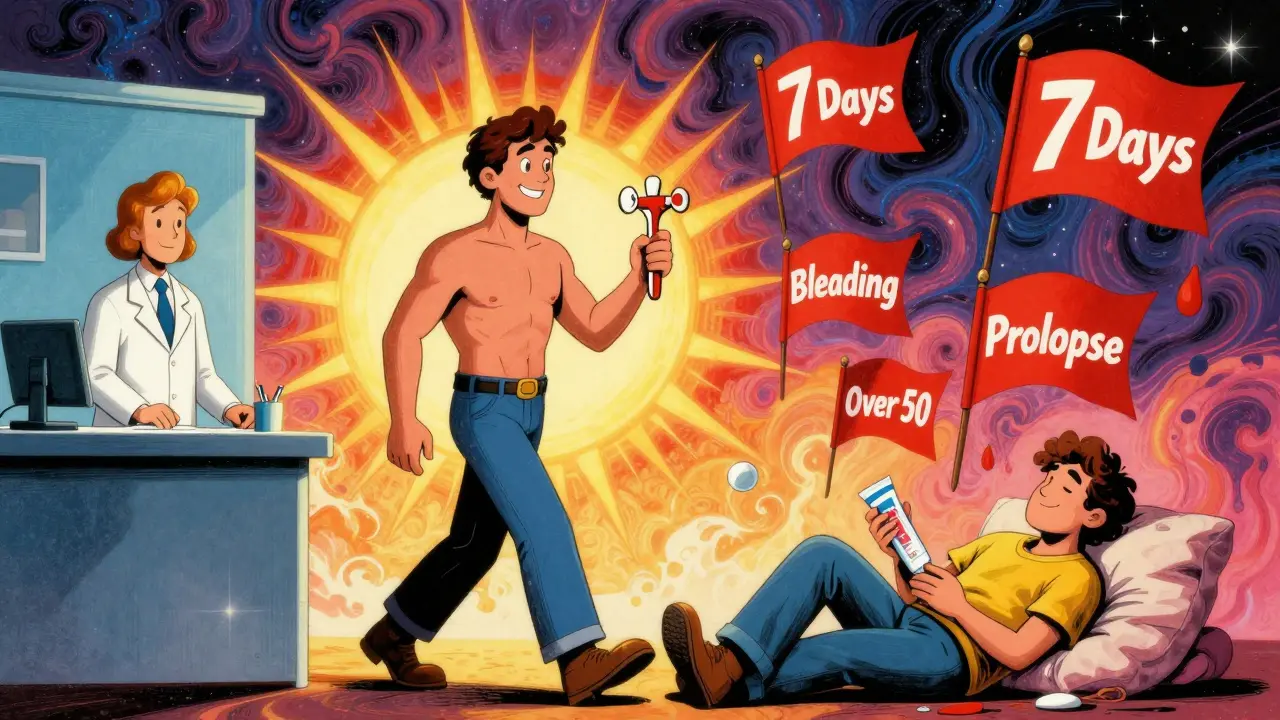 Contrasting figures of healed patient vs. untreated person with warning flags in swirling 1960s poster art.