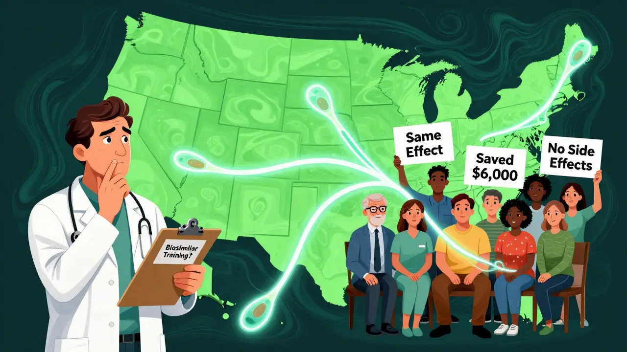 Doctor hesitates while patients hold up savings signs, connected by antibody-shaped light ribbons.