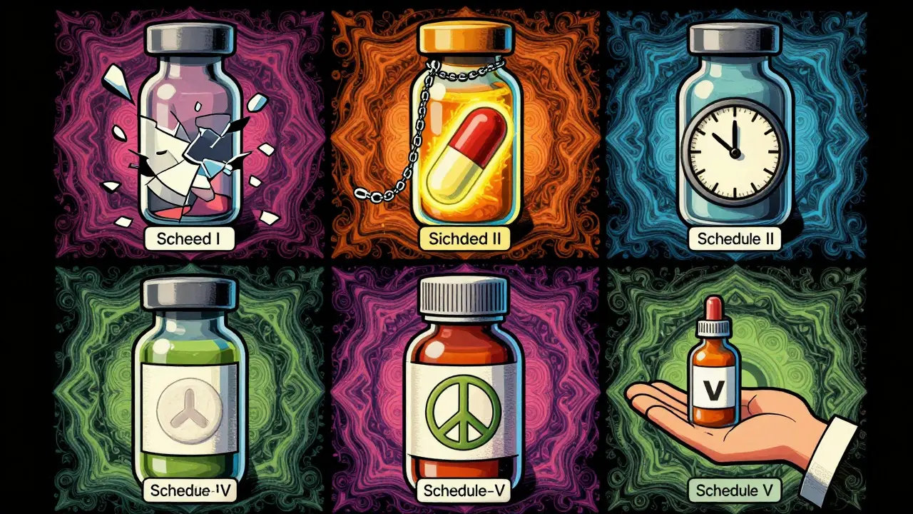 Five colorful drug containers representing Schedules I through V, each with unique symbolic visuals.