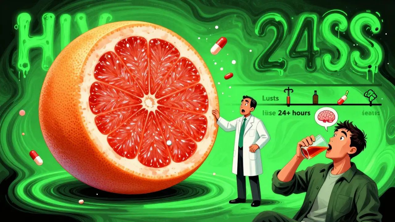 Grapefruit bursting with pills inside, pharmacist warning patient about drug interactions