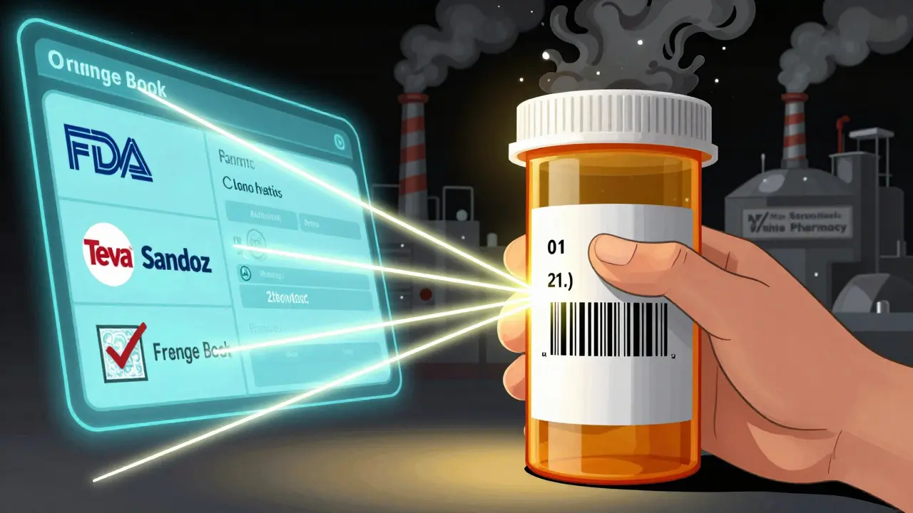 Hand scanning a prescription bottle with glowing verification lines connecting to FDA and manufacturer data.