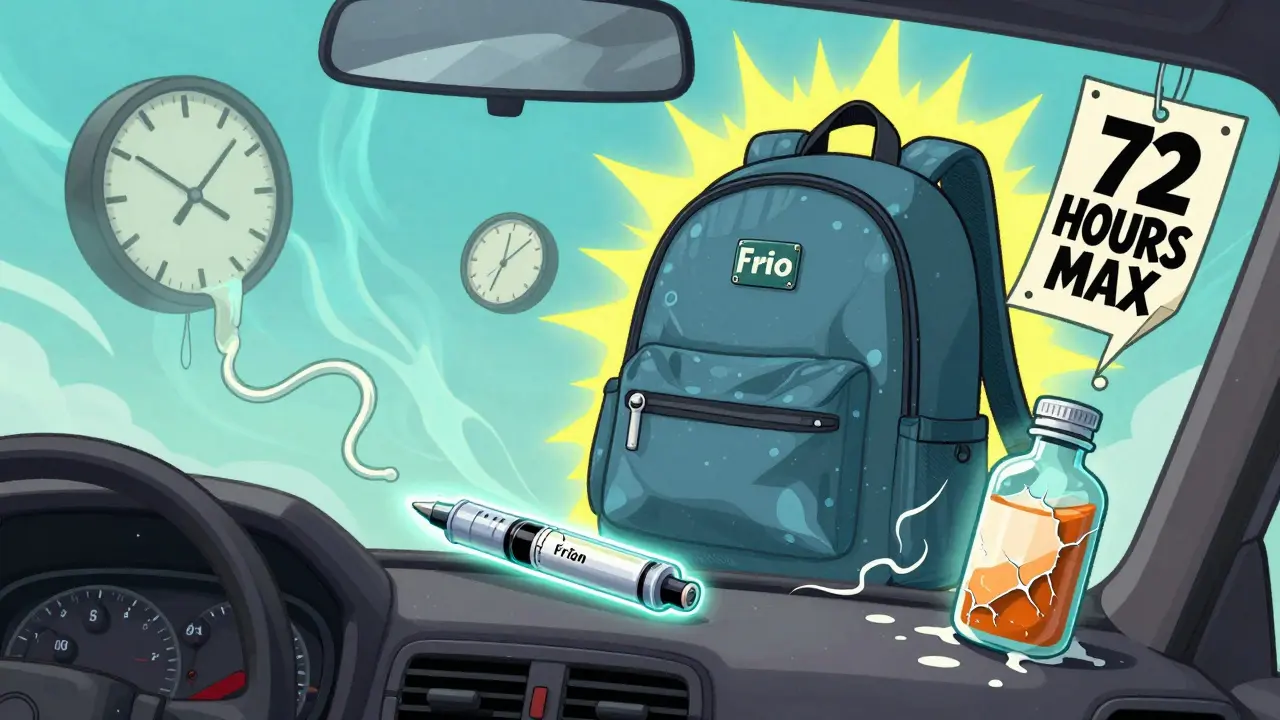 Insulin pen melting in a hot car, contrasted with a cooling case glowing safely in a backpack.