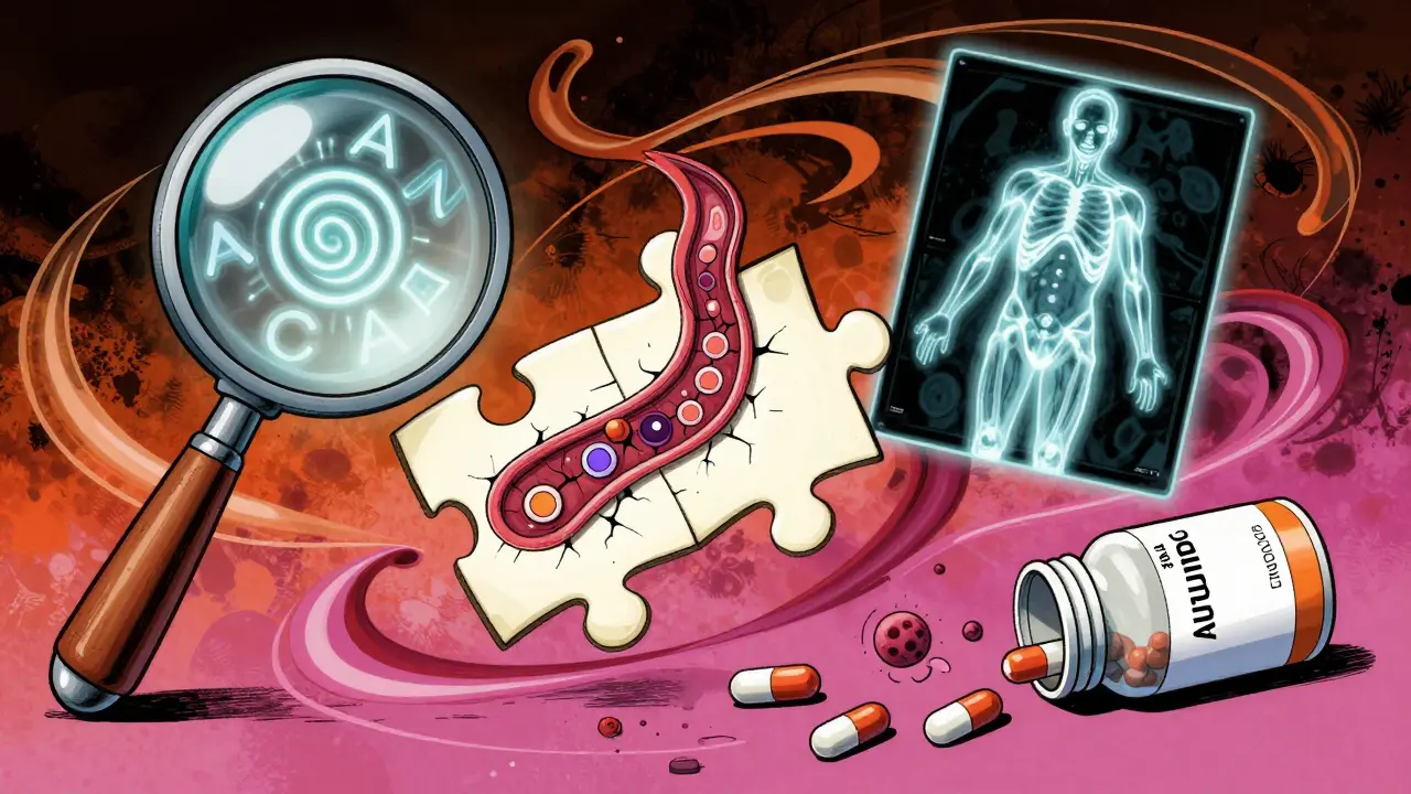 Medical puzzle with ANCA antibodies, biopsy, and treatment pills in swirling psychedelic style.