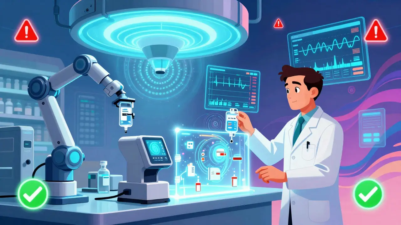 Modern automated pharmacy with robotic arms and glowing digital systems preventing medication errors.