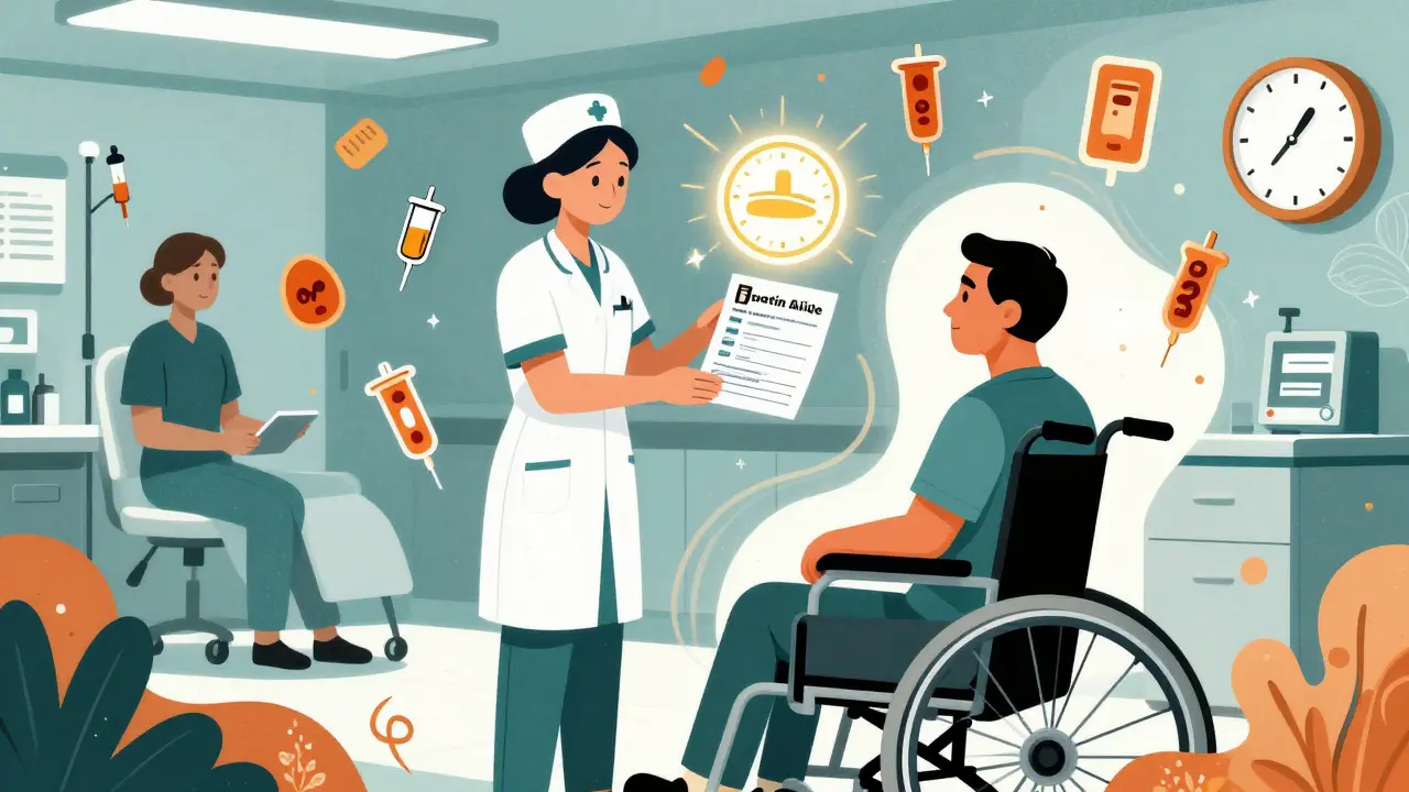 Nurse giving a first-time Medication Guide to a patient in an infusion center with safety icons floating nearby.