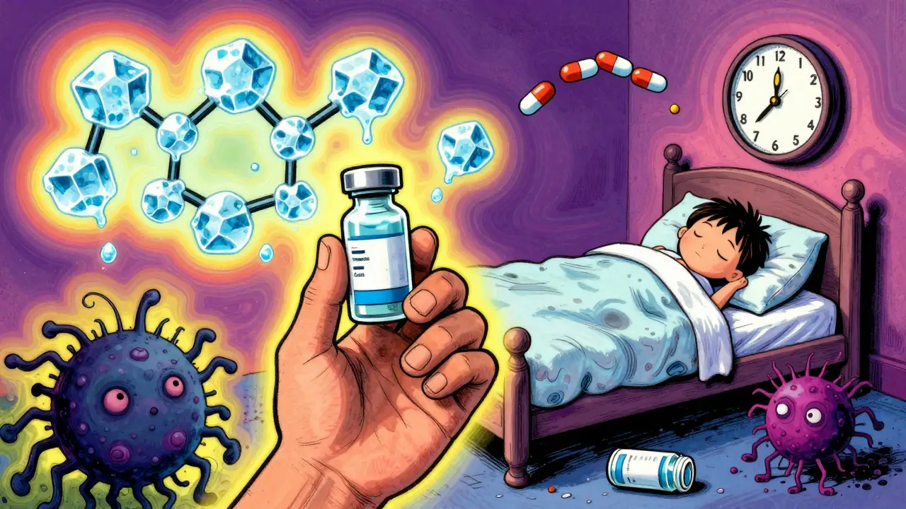 Parent holding frozen and thawed antibiotic vials while a superbug emerges from discarded bottle.