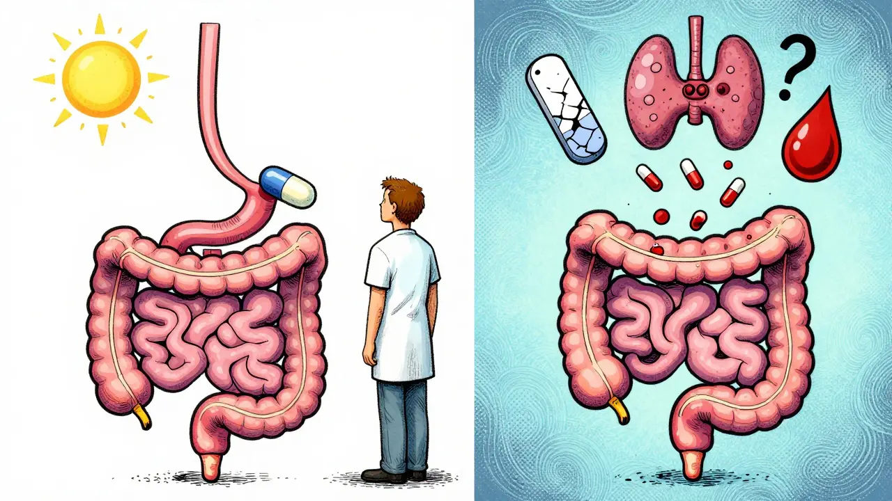 Patient between two digestive systems: one absorbing meds normally, the other failing, with medical icons floating around.