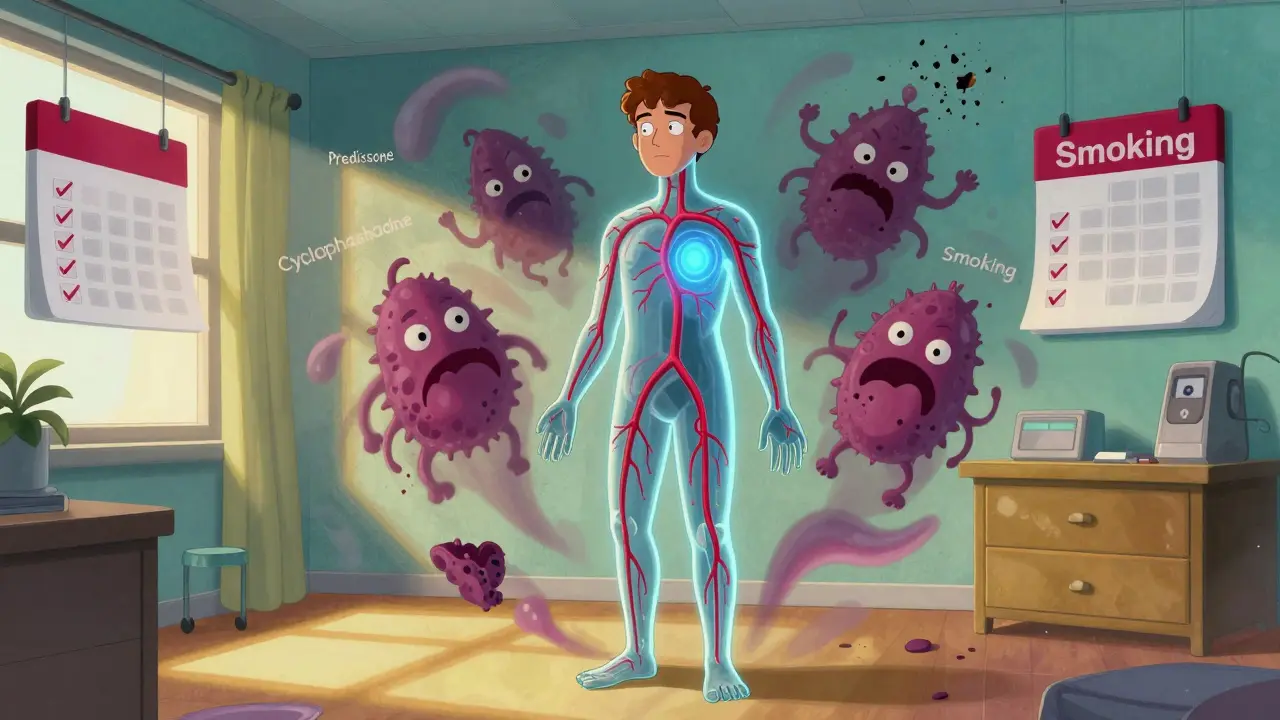 Patient with repaired vessels as shadowy disease monsters fade away in retro-futuristic art.