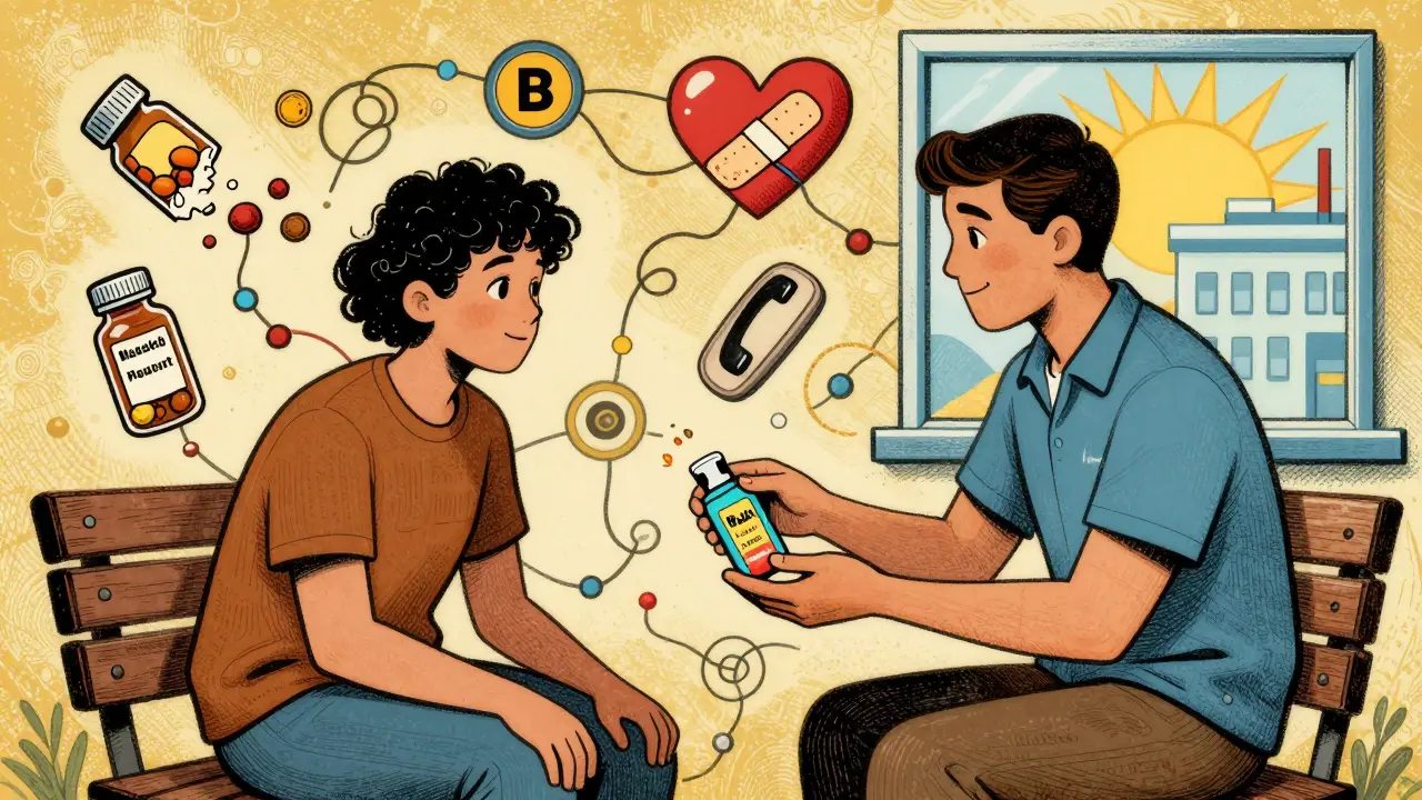 Peer worker hands naloxone kit to someone on a bench, surrounded by symbolic icons of care and recovery.