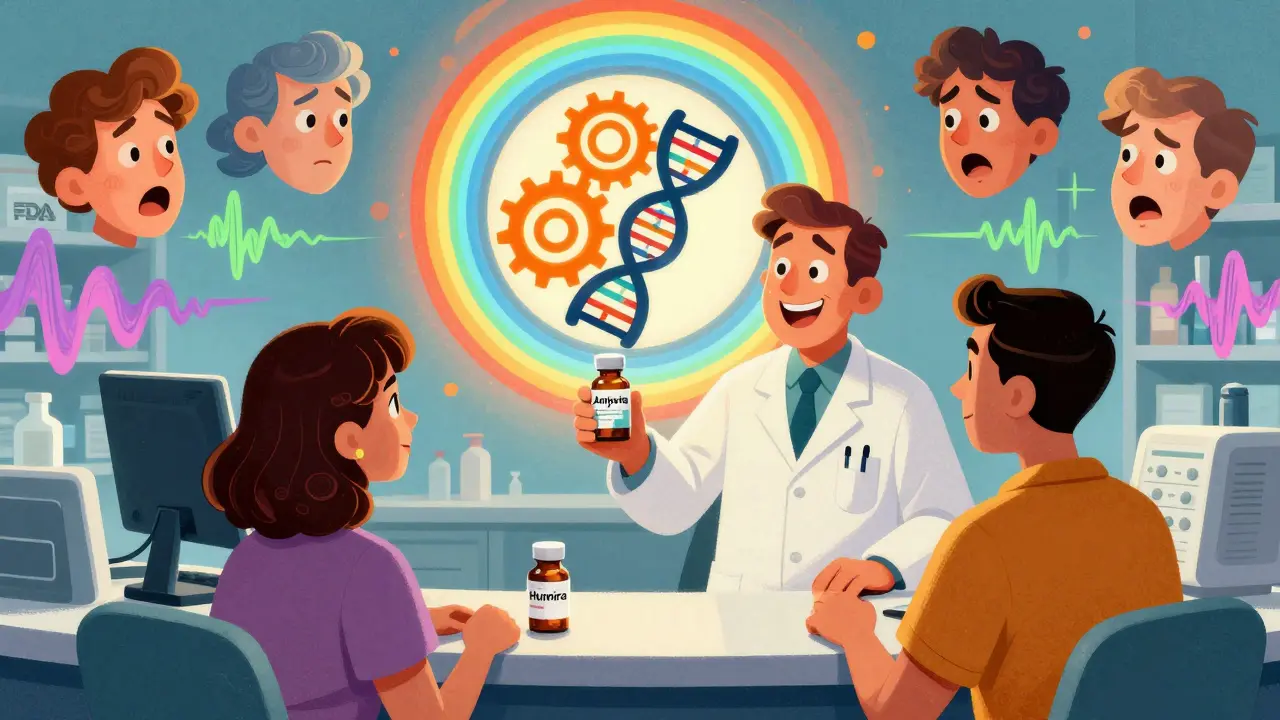 Pharmacist gives biosimilar to patient, FDA seal glows above with floating patient faces.