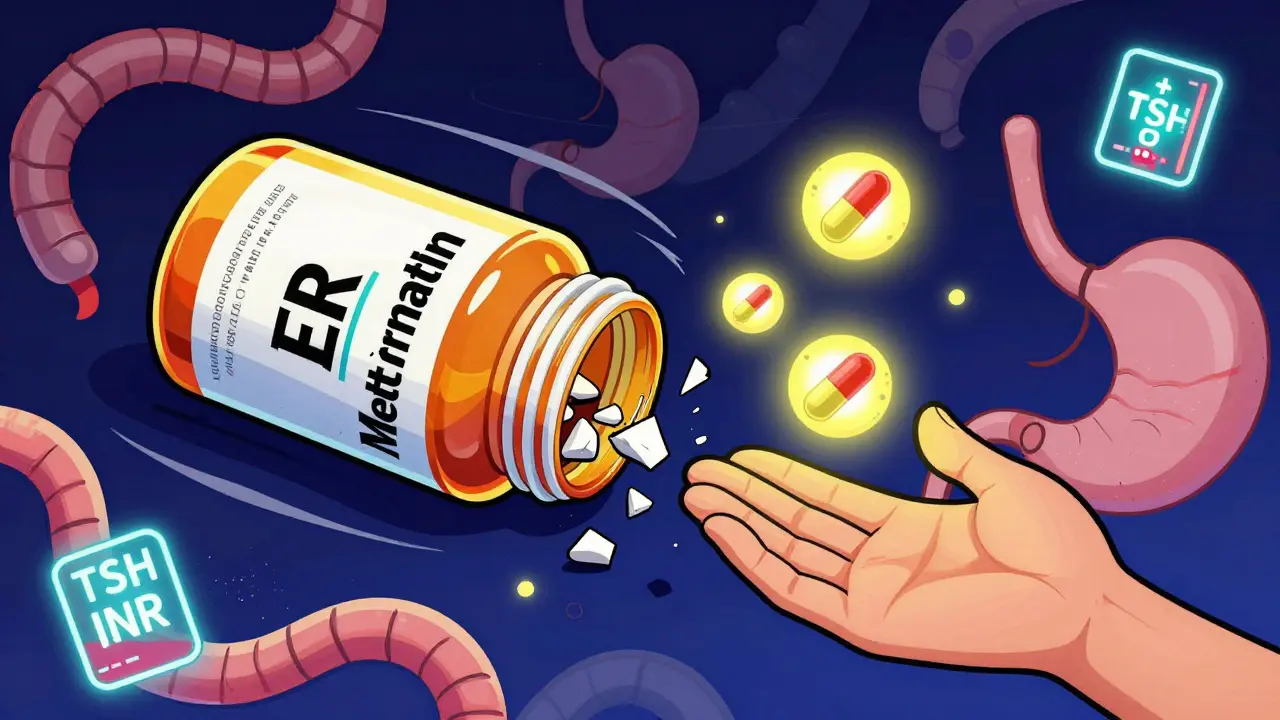 Pharmacist holding a shattered extended-release pill as immediate-release tablets glow upward toward a patient.