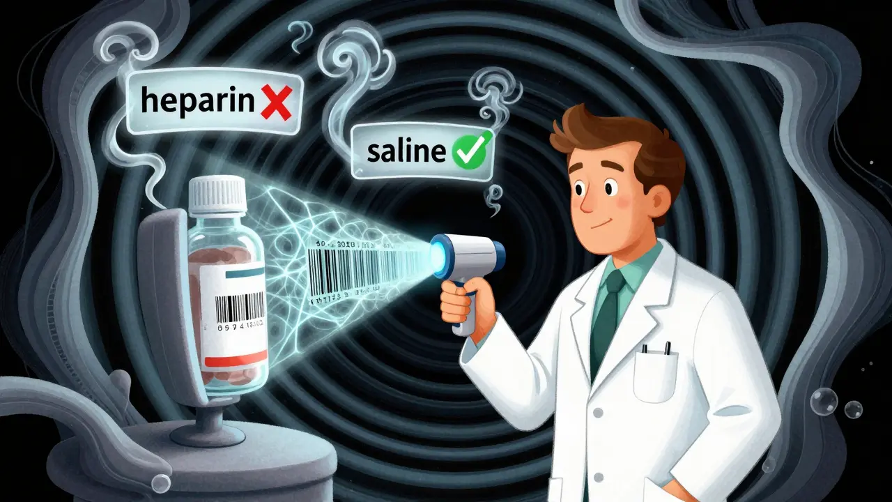 Pharmacist scanning barcode as floating drug labels twist in psychedelic smoke, one marked with check, one with X.