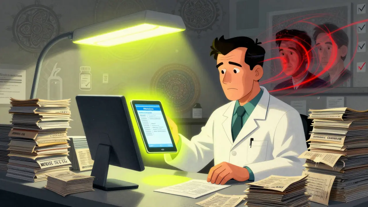 Pharmacist surrounded by crumbling old guides while a glowing digital FDA alert hovers above.