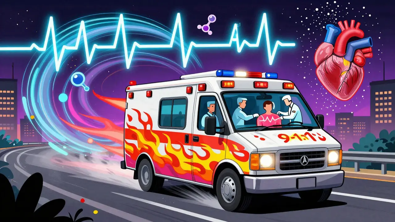 Psychedelic ambulance racing with ECG siren, paramedics performing ECG as heart glows inside patient.