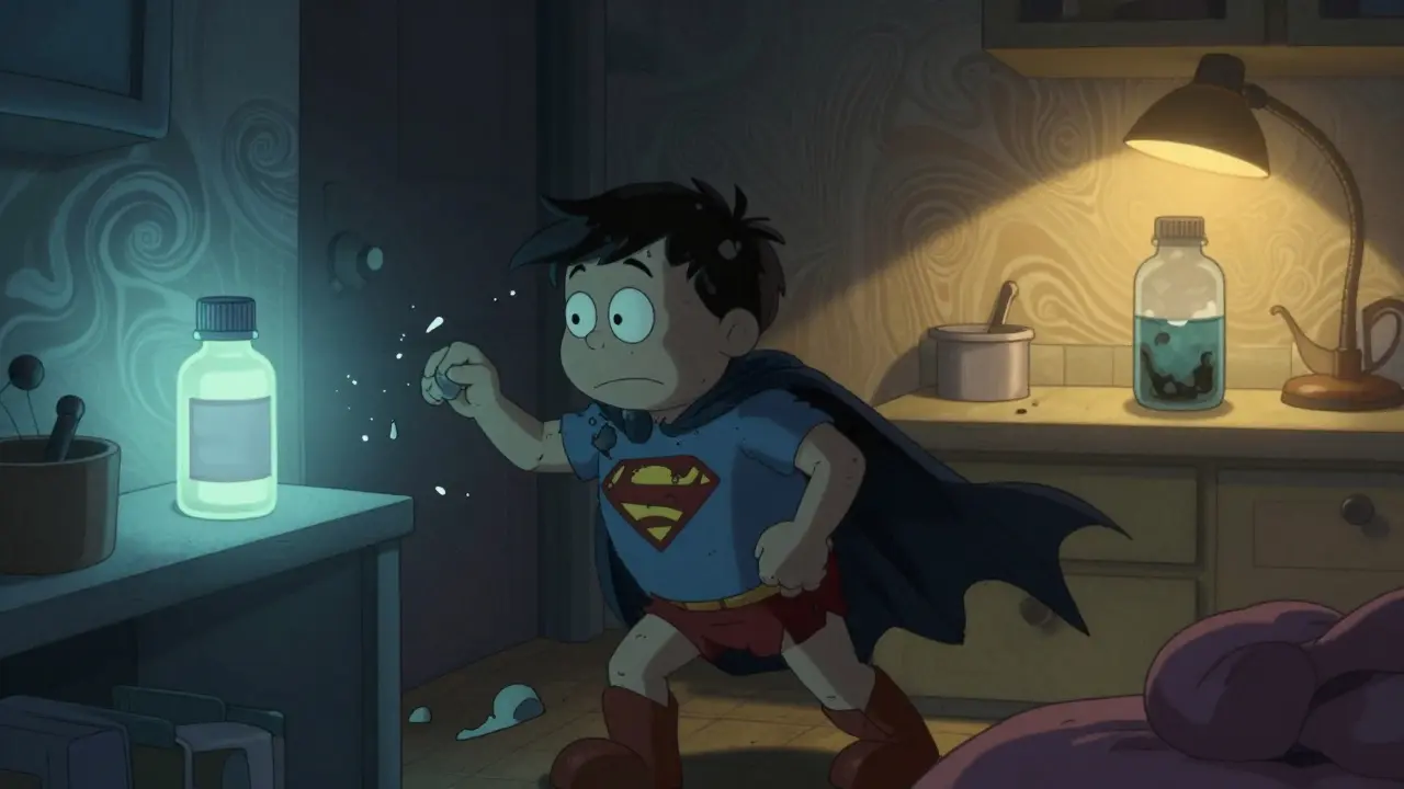 Refrigerated antibiotic bottle glowing as its molecules crumble beside a forgotten bottle on counter.