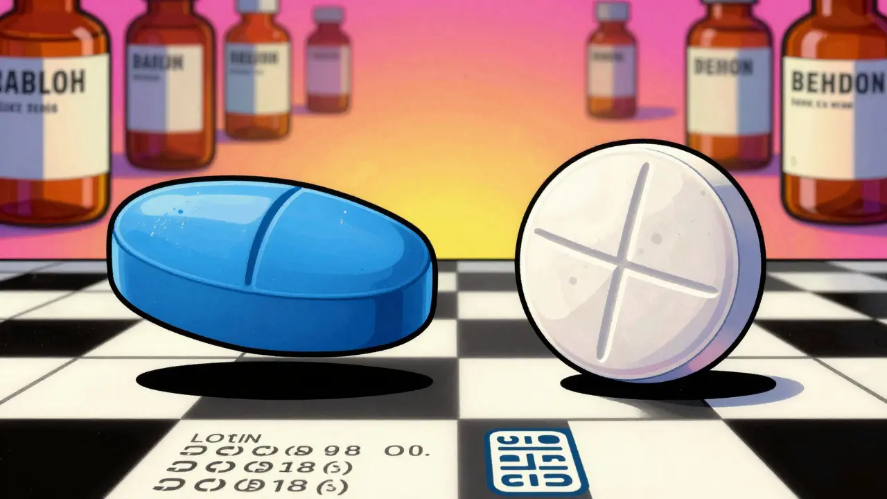 Side-by-side comparison of brand-name and generic pills with legitimate packaging details floating around them.