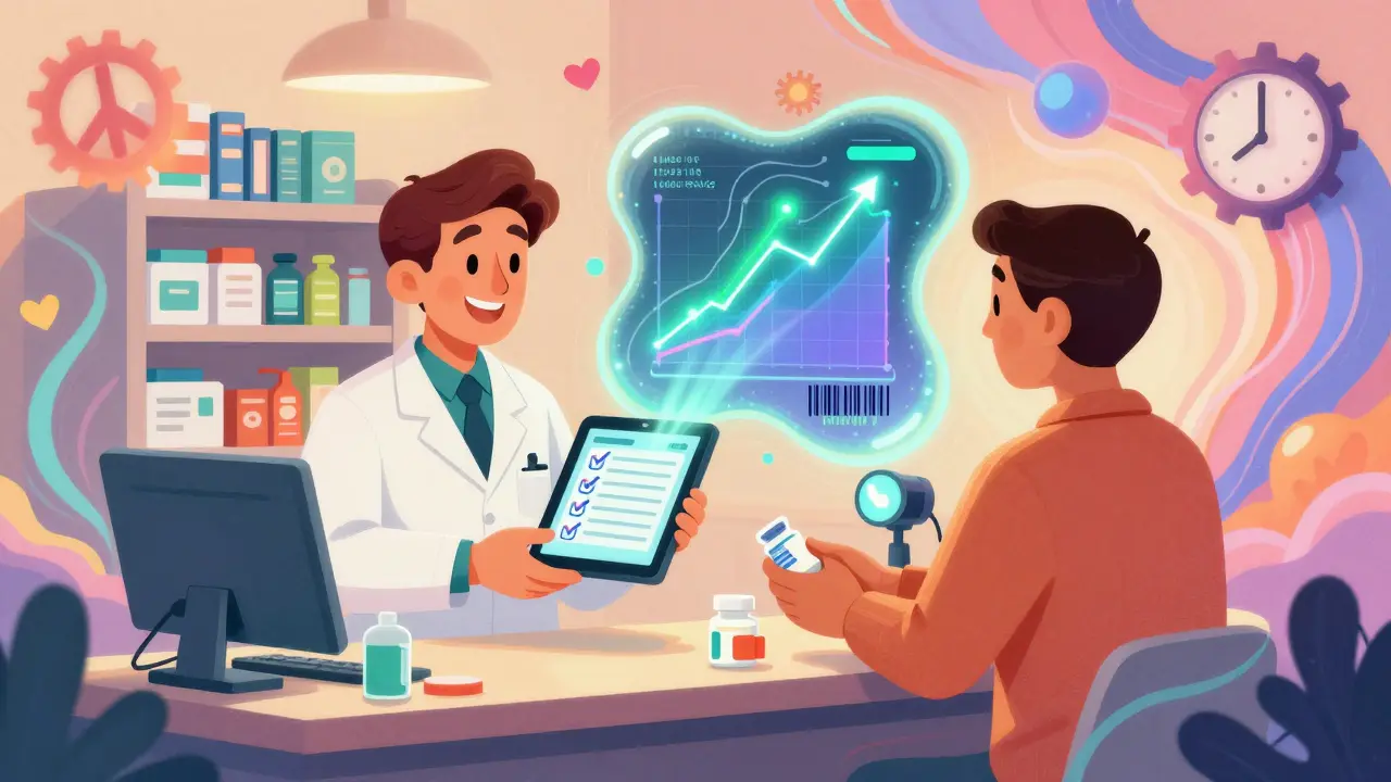Small pharmacy staff using digital tools with patient handshake, surrounded by flowing data patterns.