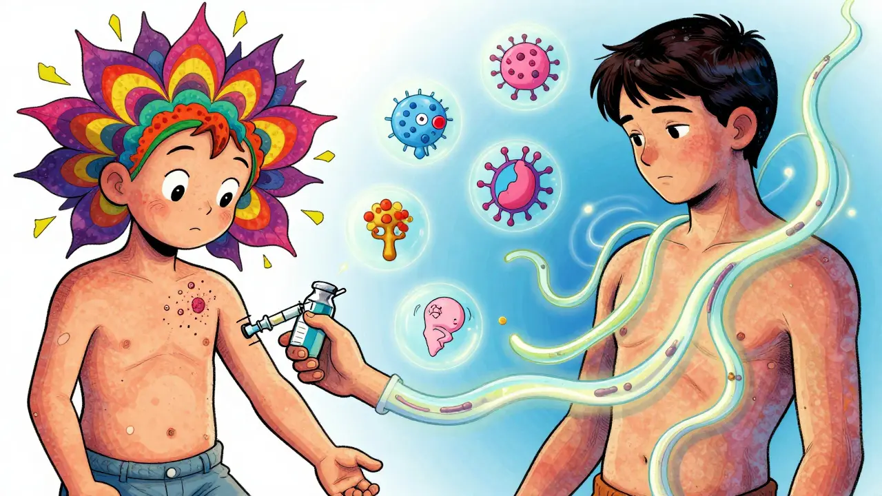 Split illustration: child with rash vs. adult safely receiving penicillin doses through glowing, swirling pathways.